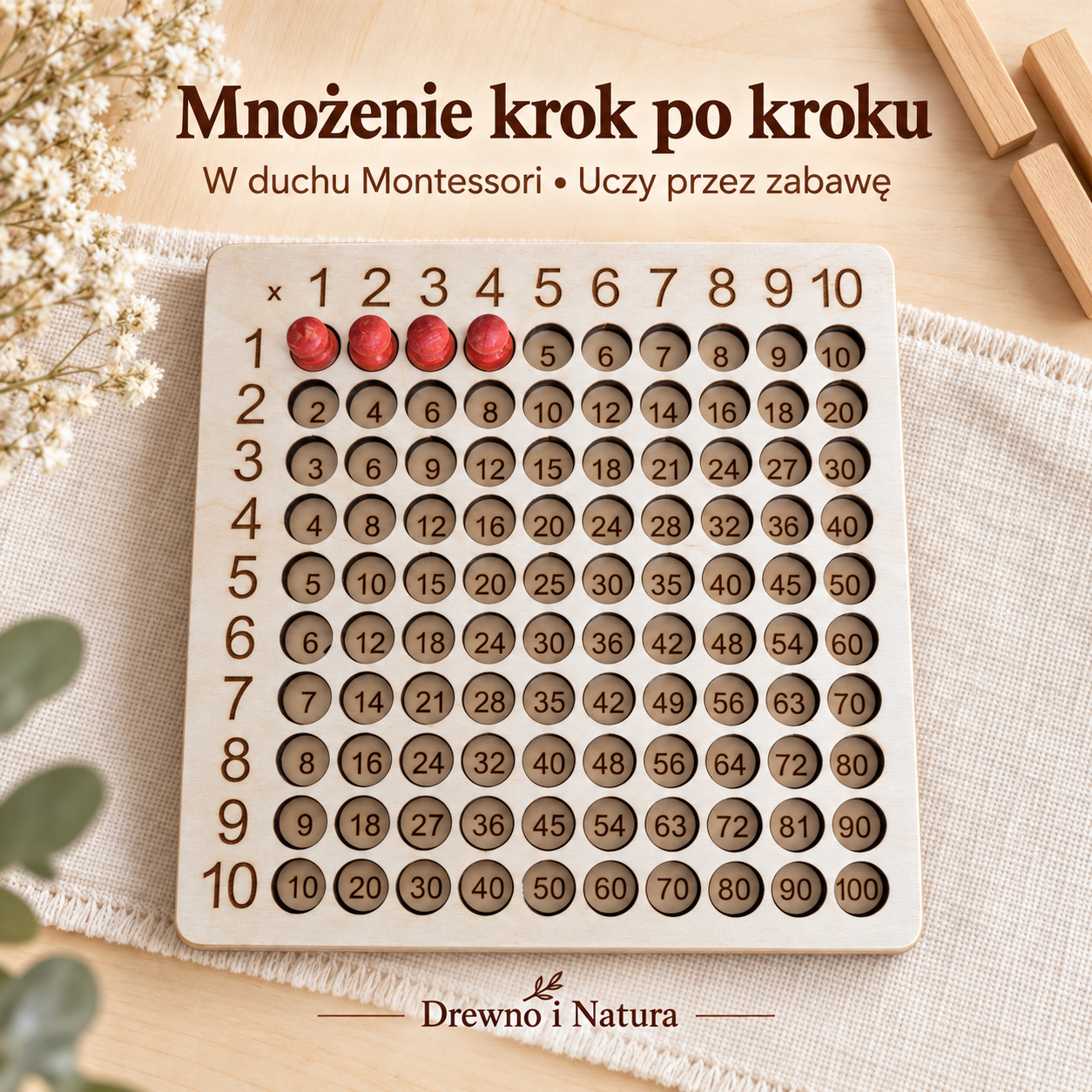 Tabliczka mnożenia Montessori – drewniana pomoc edukacyjna 1–10