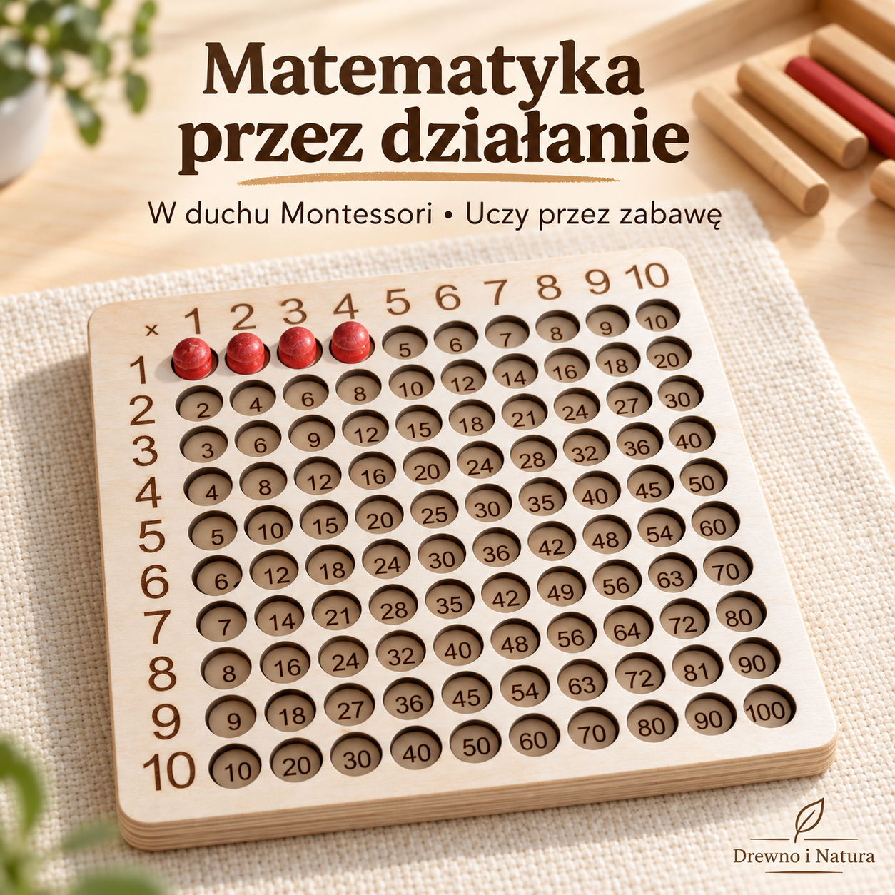 Tabliczka mnożenia Montessori – drewniana pomoc edukacyjna 1–10 - obrazek 2