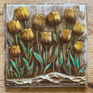 Obraz 3d - tulipany żółte  grawerowane  w drewnie 1