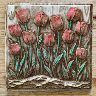 Obraz 3d - tulipany czerwone  grawerowane  w drewnie 2