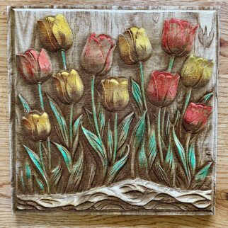 Obraz 3d - tulipany kolorowe grawerowane  w drewnie 3