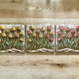 Tulipany tryptyk 3D  grawerowane  w drewnie