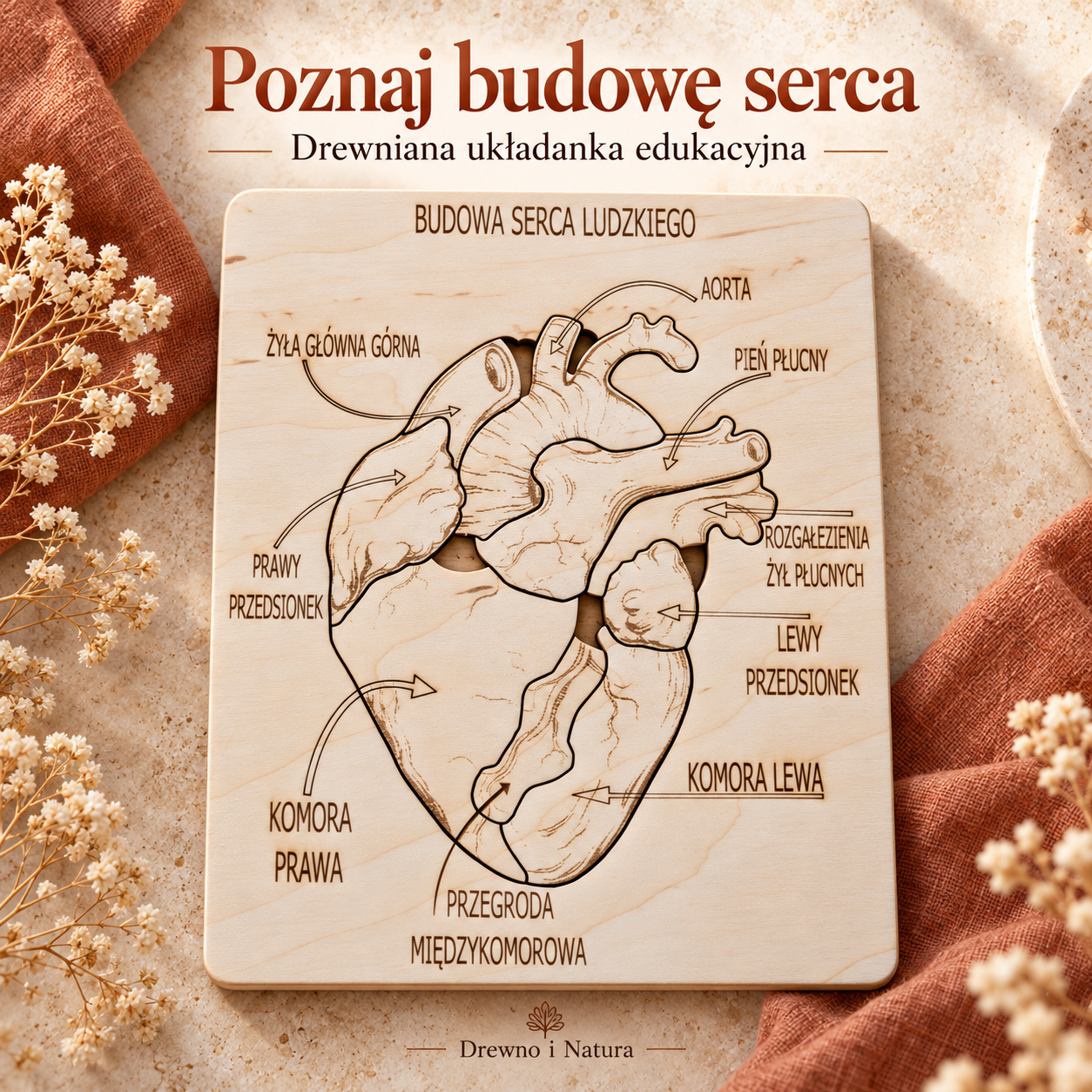 Budowa serca – drewniana układanka anatomiczna Montessori | 9 elementów