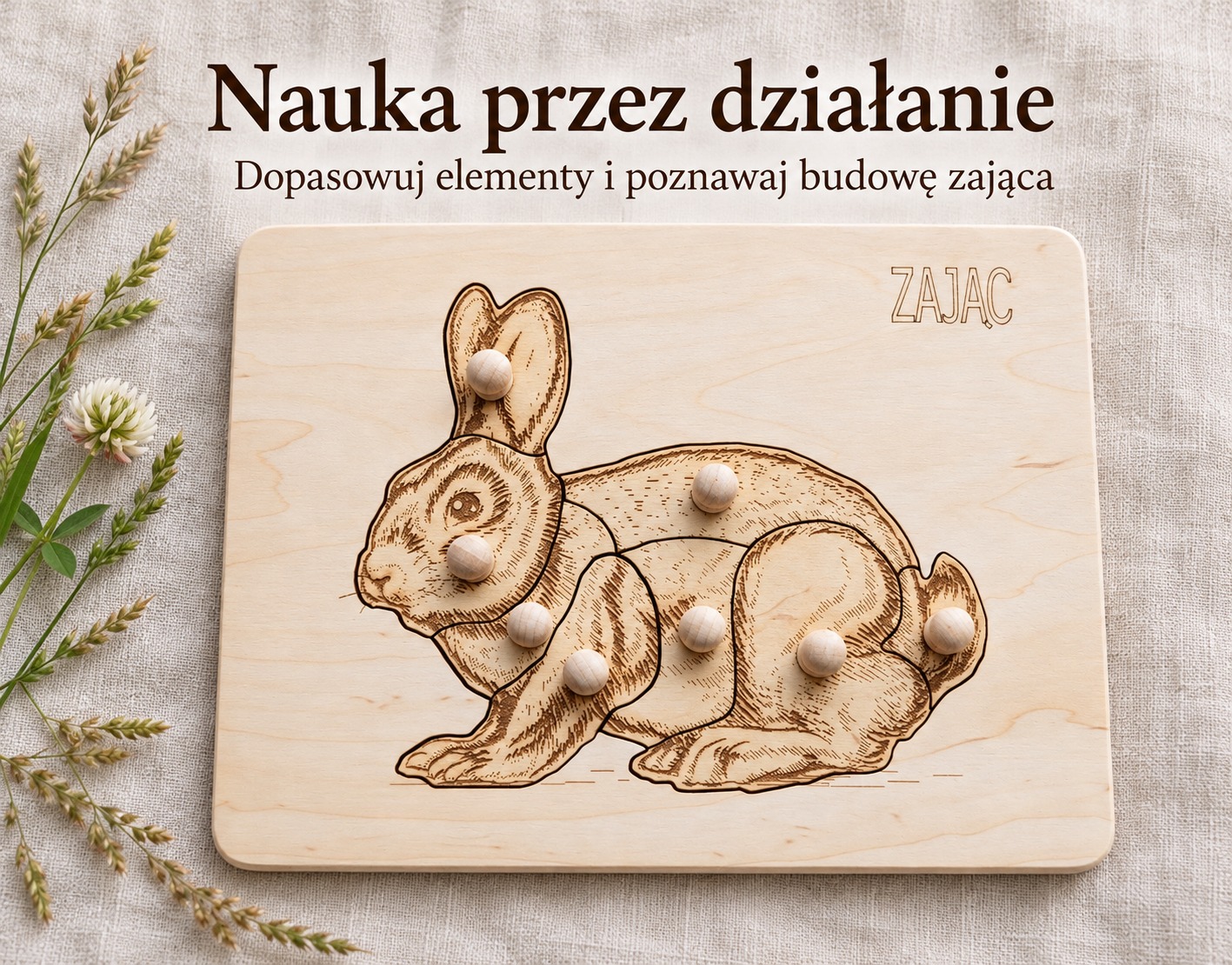 Budowa zająca – drewniana układanka Montessori | Zwierzęta leśne