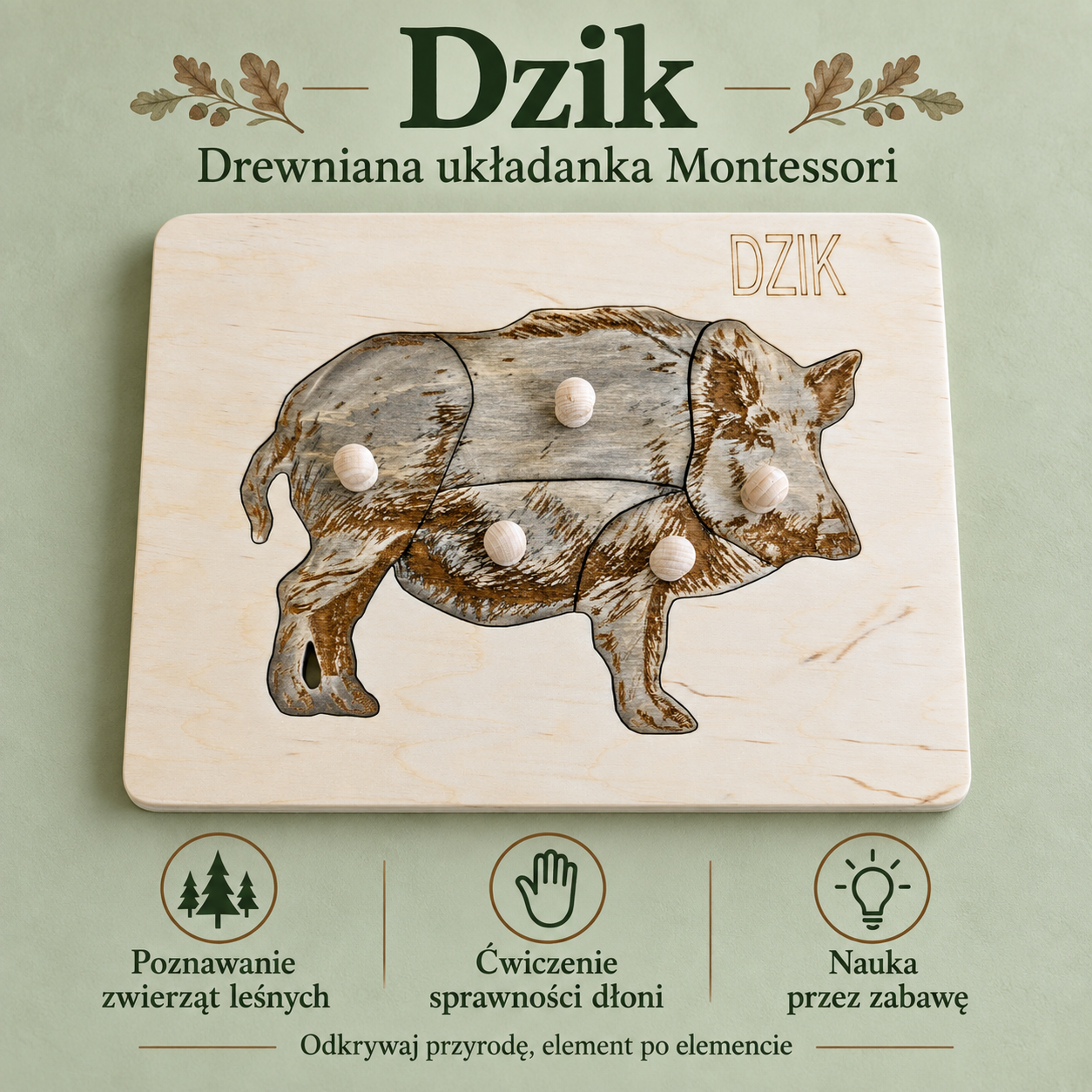 Budowa dzika – drewniana układanka Montessori