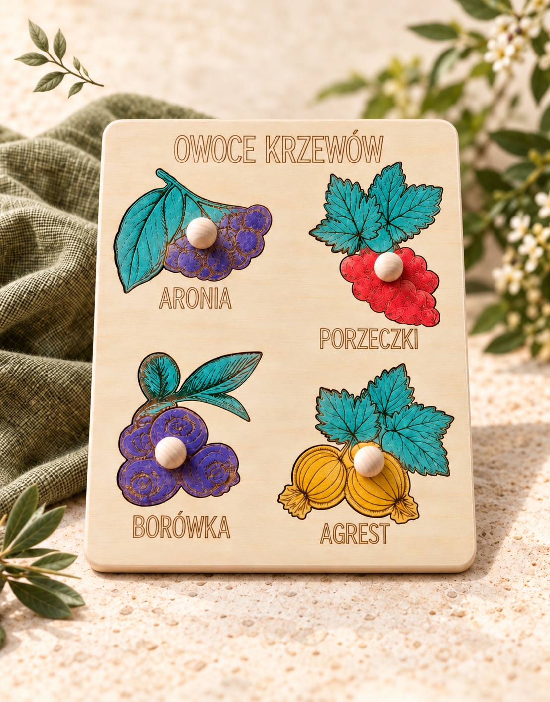 Owoce krzewów – drewniana układanka Montessori